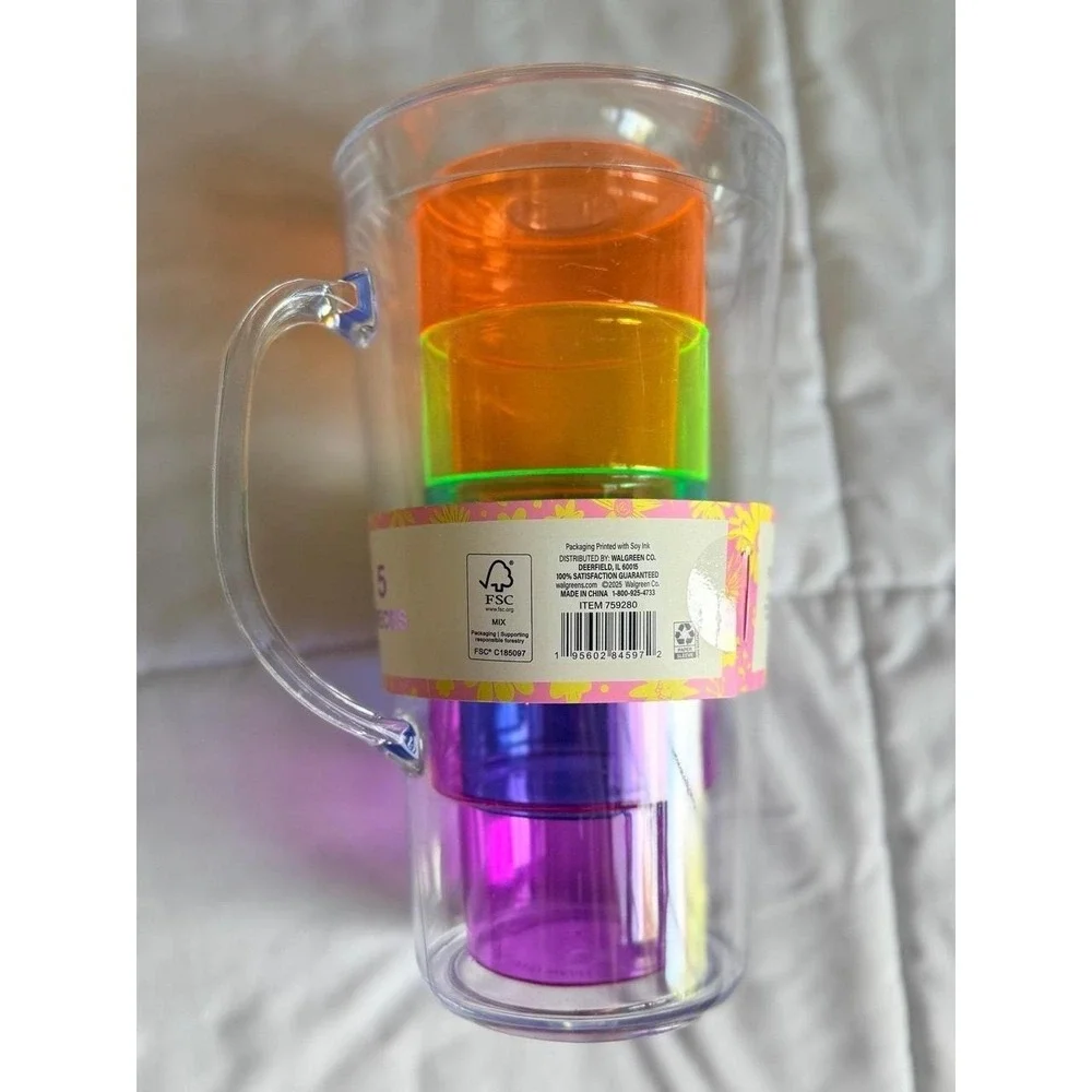Bright & Fun Party Pitcher & Cup Set, 68 oz Pitcher, 4 Cups, 11.83 oz Each - NEW